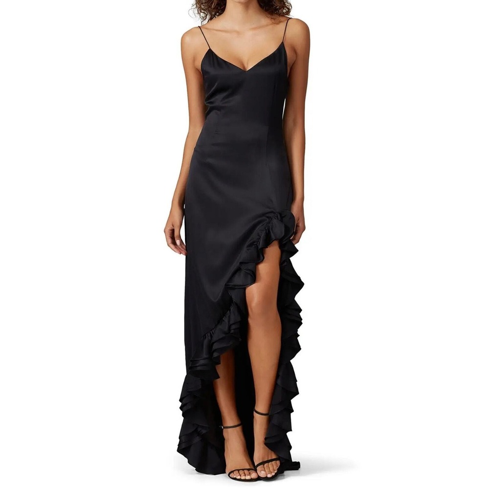 Caroline Constas Solid Black Satin Ruffled Sleeveless V-Neck Slip Maxi Gown XS